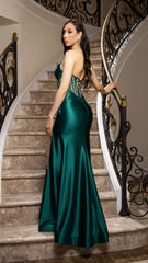 Strapless Crystal Embellished Satin Gown by May Queen