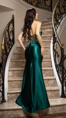 Strapless Crystal Embellished Satin Gown by May Queen