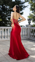 Strapless Crystal Embellished Satin Gown by May Queen