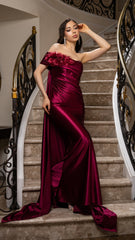 Off-Shoulder Satin Gown with Floral Appliqué