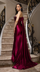 Off-Shoulder Satin Gown with Floral Appliqué