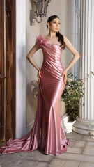 Off-Shoulder Satin Gown with Floral Appliqué