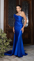 Off-Shoulder Satin Gown with Floral Appliqué
