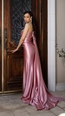 Off-Shoulder Satin Gown with Floral Appliqué