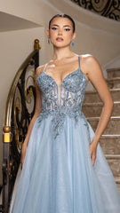 Beaded Applique Tulle Evening Gown by May Queen