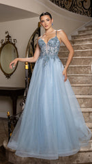 Beaded Applique Tulle Evening Gown by May Queen
