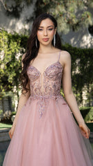 Beaded Applique Tulle Evening Gown by May Queen