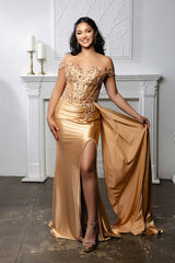 Off-Shoulder Sequin Satin Gown by May Queen MQ2179