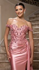 Off-Shoulder Sequin Satin Gown by May Queen MQ2179