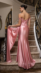 Off-Shoulder Sequin Satin Gown by May Queen MQ2179