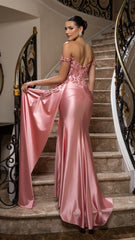 Off-Shoulder Sequin Satin Gown by May Queen MQ2179