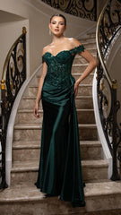 Off-Shoulder Sequin Satin Gown by May Queen MQ2179