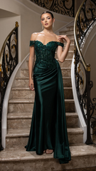 Off-Shoulder Sequin Satin Gown by May Queen MQ2179