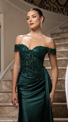 Off-Shoulder Sequin Satin Gown by May Queen MQ2179