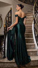 Off-Shoulder Sequin Satin Gown by May Queen MQ2179