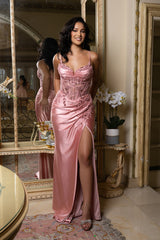Embroidered Satin Prom Dress with High Slit