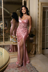 Embroidered Satin Prom Dress with High Slit