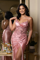 Embroidered Satin Prom Dress with High Slit