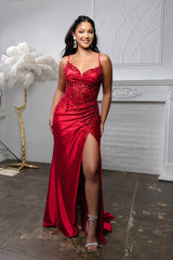Embroidered Satin Prom Dress with High Slit