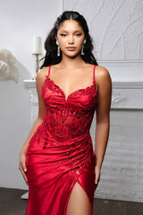 Embroidered Satin Prom Dress with High Slit