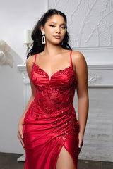 Embroidered Satin Prom Dress with High Slit