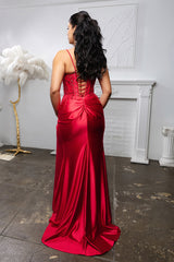 Embroidered Satin Prom Dress with High Slit