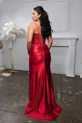 Embroidered Satin Prom Dress with High Slit