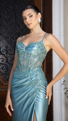 Embroidered Satin Prom Dress with High Slit