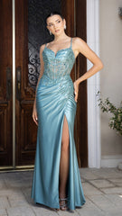 Embroidered Satin Prom Dress with High Slit