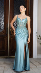 Embroidered Satin Prom Dress with High Slit