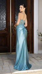 Embroidered Satin Prom Dress with High Slit