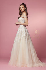 **Nox Anabel Bridal: Embroidered Off-Shoulder Goddess Gown for Unforgettable Occasions**