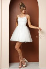 **Nox Anabel: Captivating Lace Appliqué Short Dress for Unforgettable Occasions**