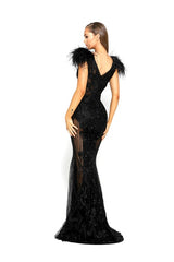 Portia and Scarlett's Enchanting Lace and Feather Mermaid Gown for Unforgettable Evenings
