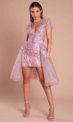 **Portia and Scarlett's Enchanting Feather-Adorned V-Neck Gown: Red Carpet Glamour**