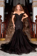 Captivating Glamour: Portia and Scarlett's Shimmering Off-the-Shoulder Gown