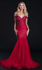 Captivating Glamour: Portia and Scarlett's Shimmering Off-the-Shoulder Gown