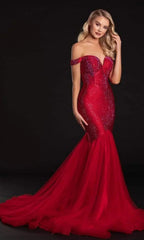Captivating Glamour: Portia and Scarlett's Shimmering Off-the-Shoulder Gown