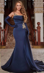 **Enchanting Evening Glamour: Portia and Scarlett's Navy Trumpet Gown**