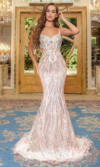 Portia and Scarlett: Embroidered Mermaid Gown with Feather Fringe Train
