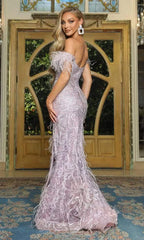 **Captivating Elegance: Portia and Scarlett's Feather-Embellished Evening Gown**