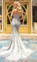 **Portia and Scarlett's Enchanting Feather and Appliqué Trumpet Gown: A Vision of Elegance**