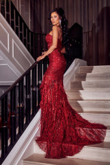 Enchanting Portia and Scarlett Gown: Shimmering Beadwork, Feathers, and a Sweep Train