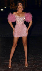 Captivating Charm: Portia and Scarlett's Off-Shoulder Feather-Fringed Dress
