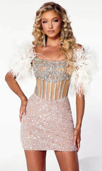 Captivating Elegance: Portia and Scarlett's Shimmering Feather-Fringed Dress