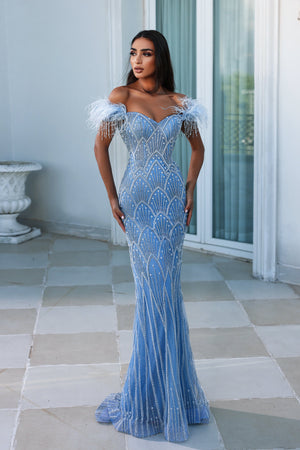 Enchante in Portia and Scarlett's Beaded Feather Fringe Evening Gown