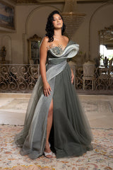 Evening Gown with Beaded Floral Bodice & Sculpted Pleated Detail Formal Prom Dress by Royal Queen RQ8203
