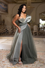 Evening Gown with Beaded Floral Bodice & Sculpted Pleated Detail Formal Prom Dress by Royal Queen RQ8203