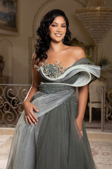 Evening Gown with Beaded Floral Bodice & Sculpted Pleated Detail Formal Prom Dress by Royal Queen RQ8203