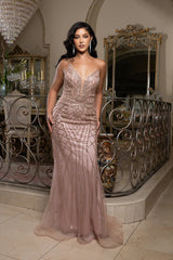 Beaded Mermaid Evening Gown – Strapless Lace-Up Back Formal Prom Dress by Royal Queen RQ8210